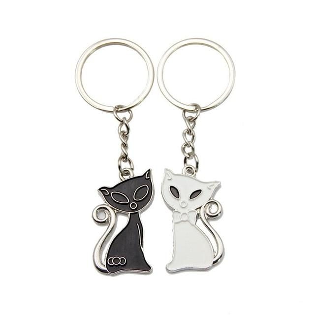 2pcs Porte-clés Couple De Chat Noir Et Blanc Créatif