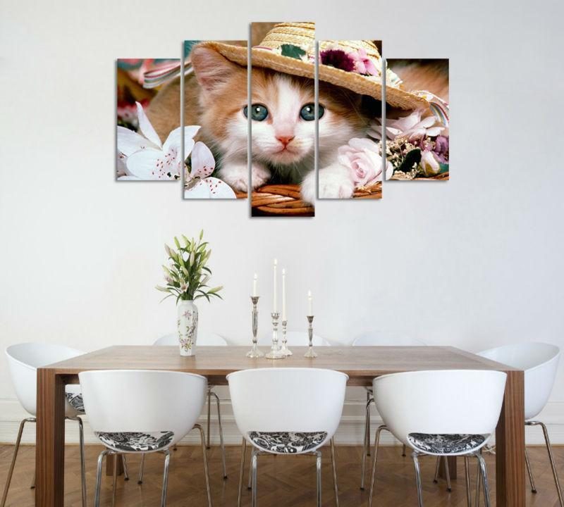 5 Panneaux Hd Belle Toile De Peinture Murale Chat