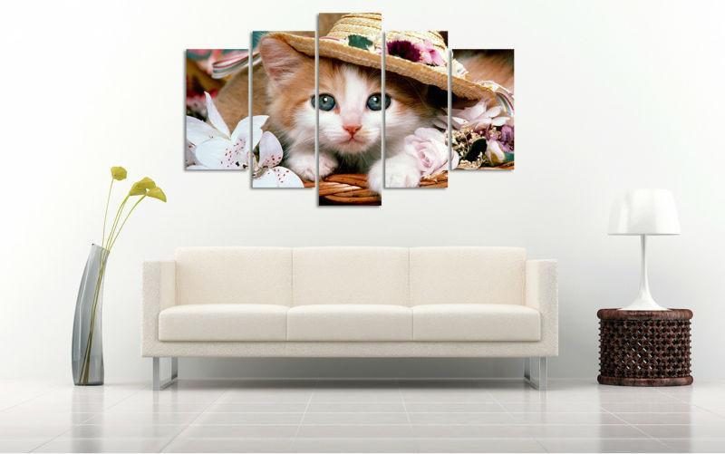 5 Panneaux Hd Belle Toile De Peinture Murale Chat