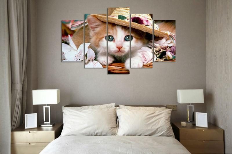 5 Panneaux Hd Belle Toile De Peinture Murale Chat