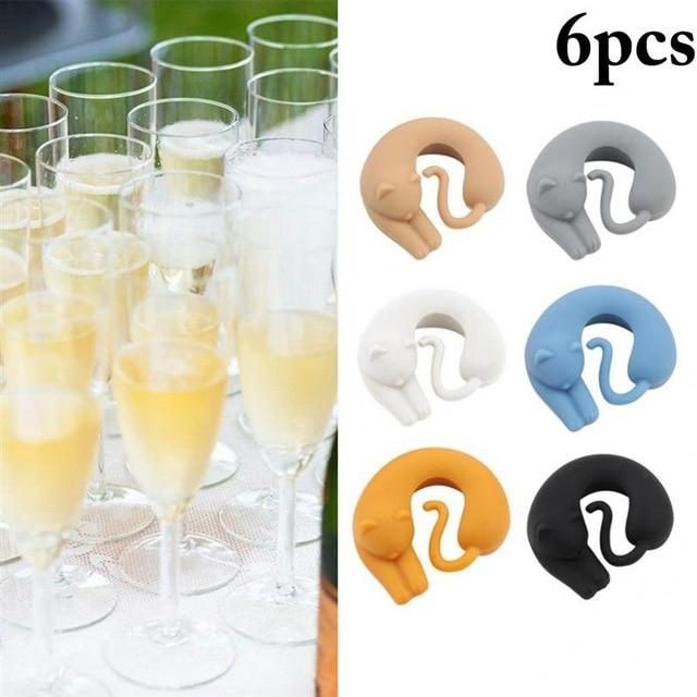 6pcs Charmes De Verre À Vin Design Chat