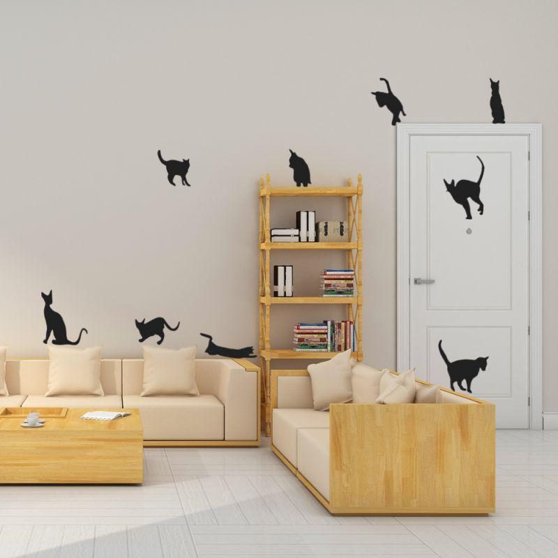 9pcs Décoration Murale Chat Sautant Noir