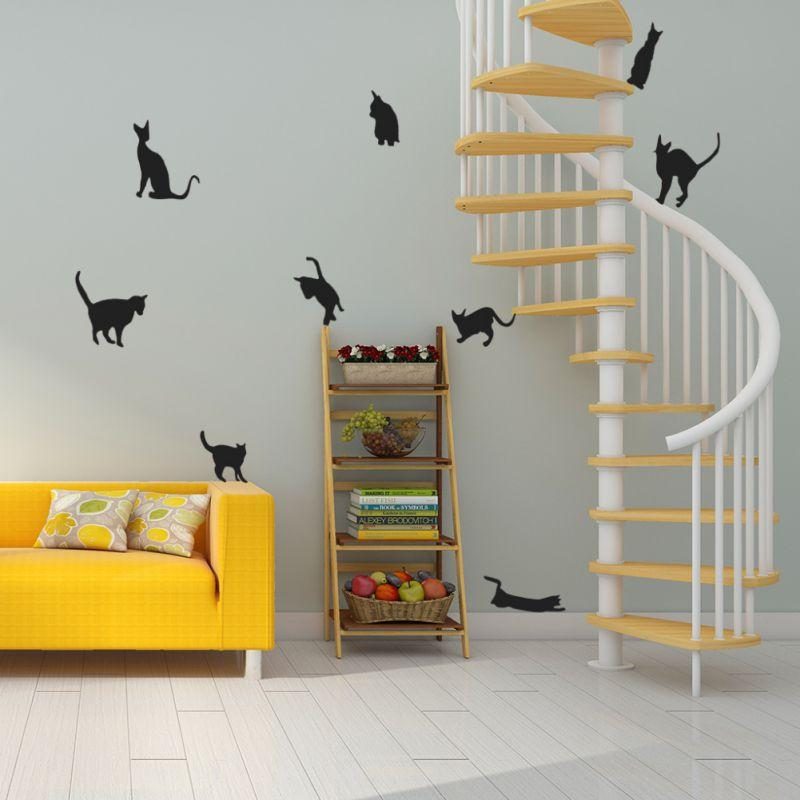 9pcs Décoration Murale Chat Sautant Noir