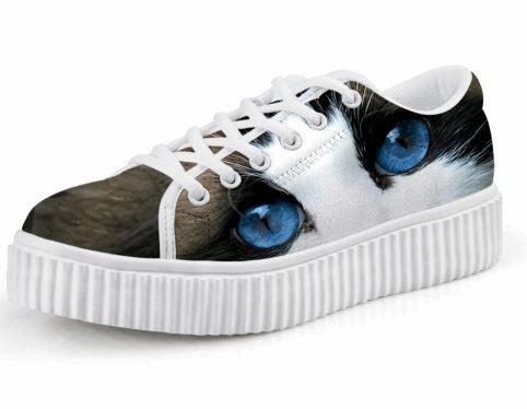 Adorable Chat Aux Yeux Bleus Imprimant Des Chaussures De Creepers À Plate-forme À Lacets Décontractées