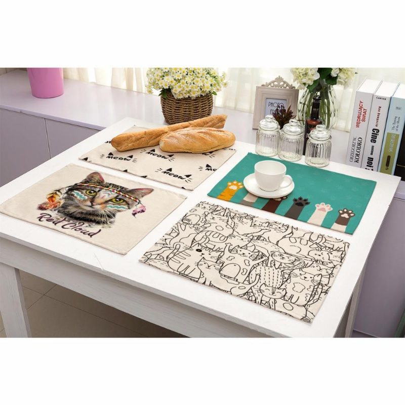 Adorable Chat Imprime Des Sets De Table De Cuisine En Lin Et Coton