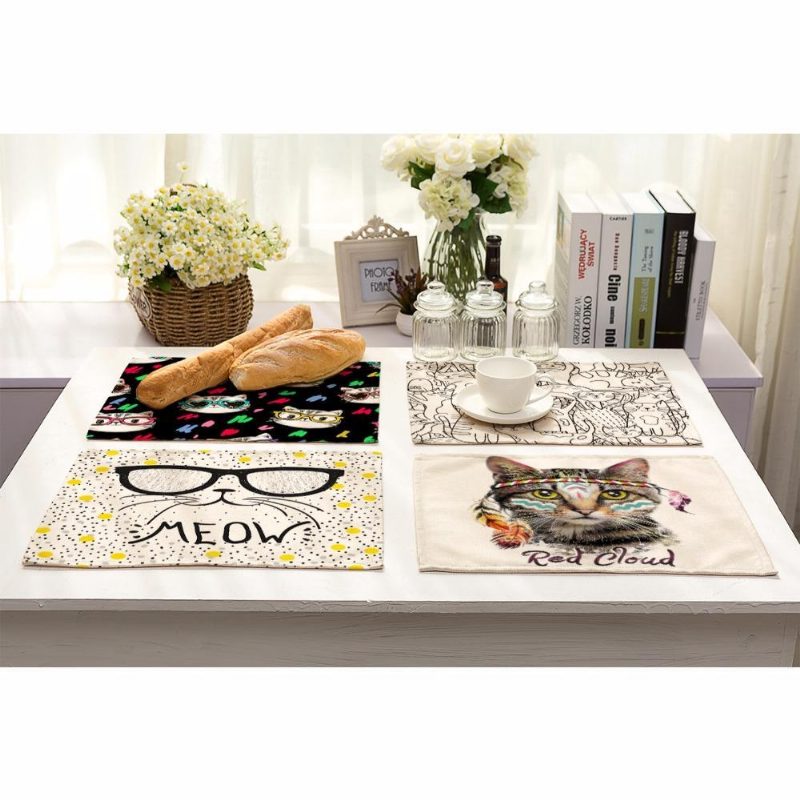 Adorable Chat Imprime Des Sets De Table De Cuisine En Lin Et Coton