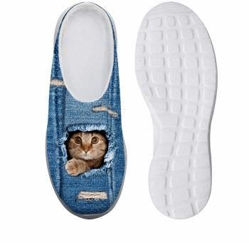 Adorables Chaussures Plates-formes De Loisirs En Denim À Imprimé Chat