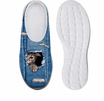 Adorables Chaussures Plates-formes De Loisirs En Denim Imprimé Chat Timide