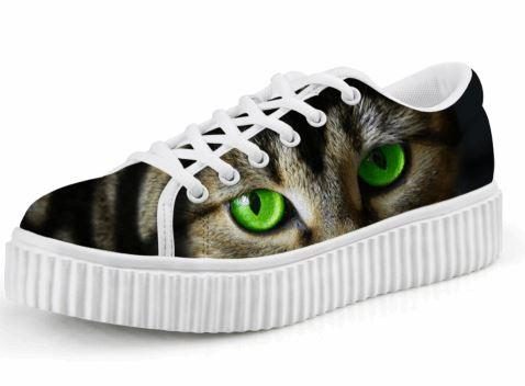 Adorables Yeux Verts Chat Imprimant Des Chaussures De Creepers À Plate-forme À Lacets Décontractées