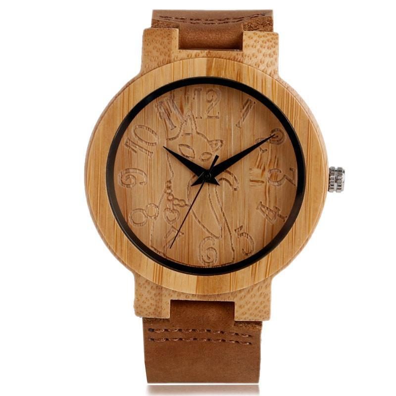 Belle Montre Bracelet En Bois De Chat Vintage En Bambou