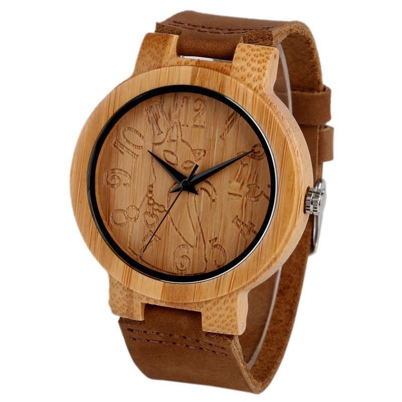 Belle Montre Bracelet En Bois De Chat Vintage En Bambou