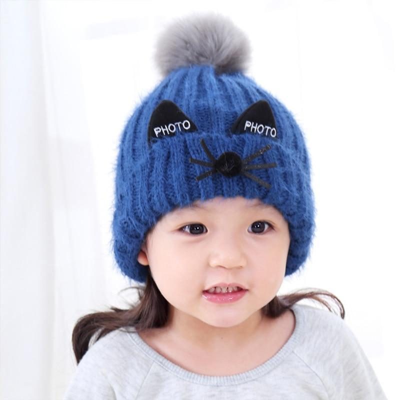 Bonnet D'hiver Tricoté En Forme De Chat Pour Enfants Avec Pompons