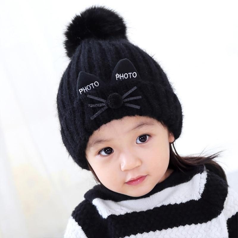 Bonnet D'hiver Tricoté En Forme De Chat Pour Enfants Avec Pompons