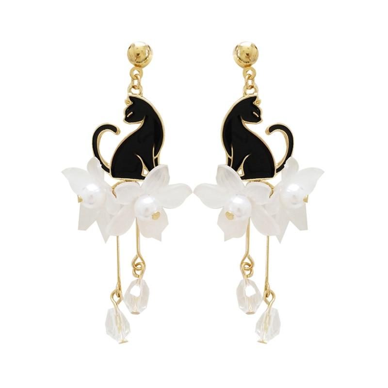 Boucles D'oreilles Chat Blanc Perle