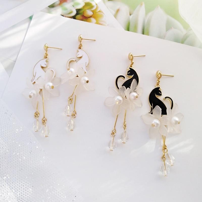 Boucles D'oreilles Chat Blanc Perle