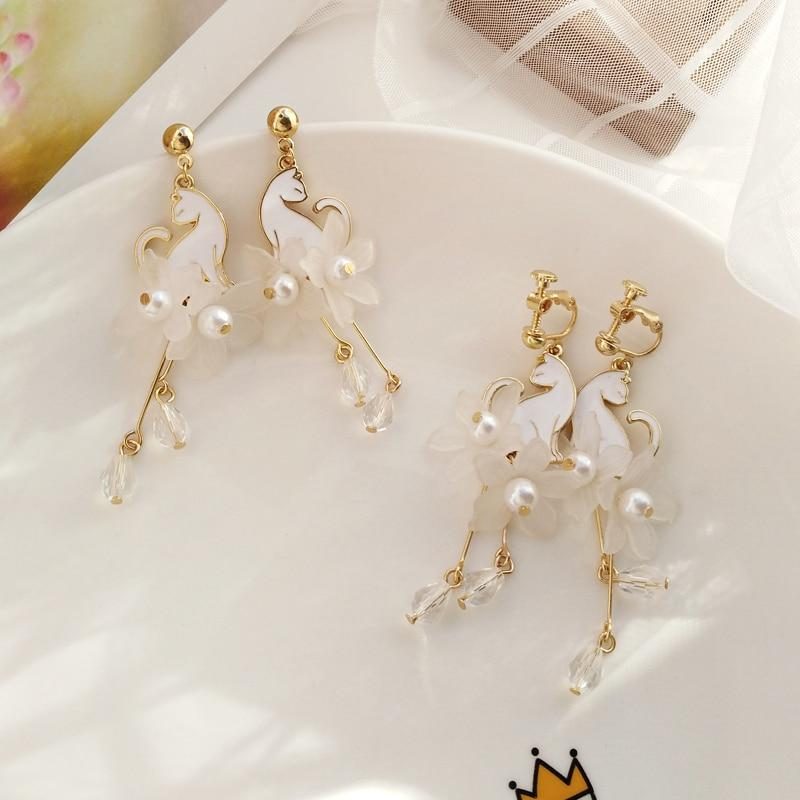 Boucles D'oreilles Chat Blanc Perle