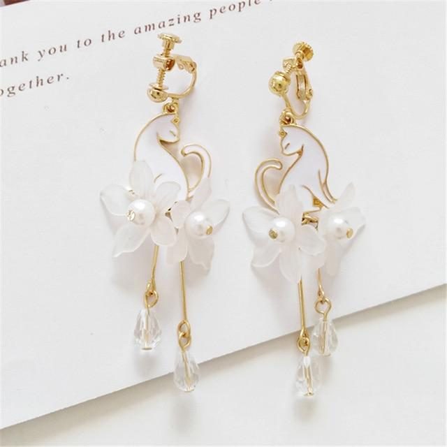 Boucles D'oreilles Chat Blanc Perle