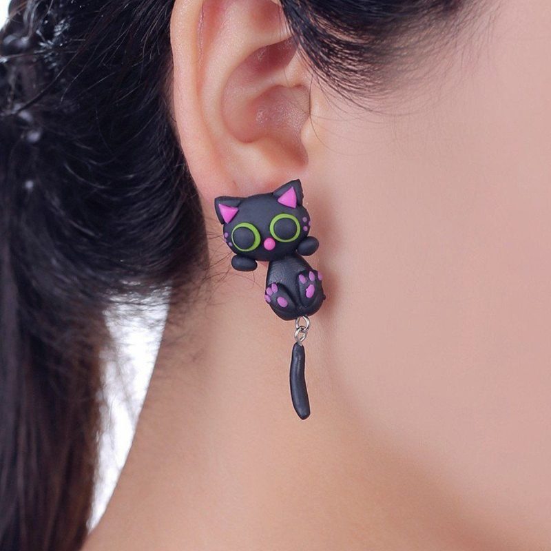 Boucles D'oreilles Chat Noir En Pâte Polymère