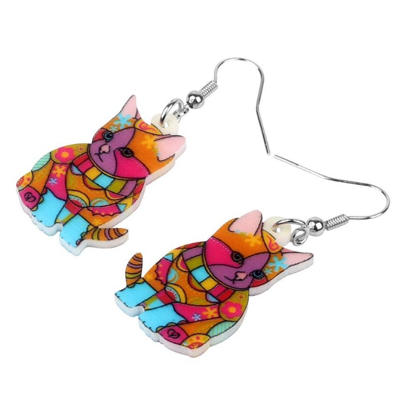 Boucles D'oreilles Pendantes À Motif Chat Fleuri