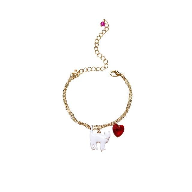 Bracelet Chat Bracelet Double Couche En Verre D'amour Rouge