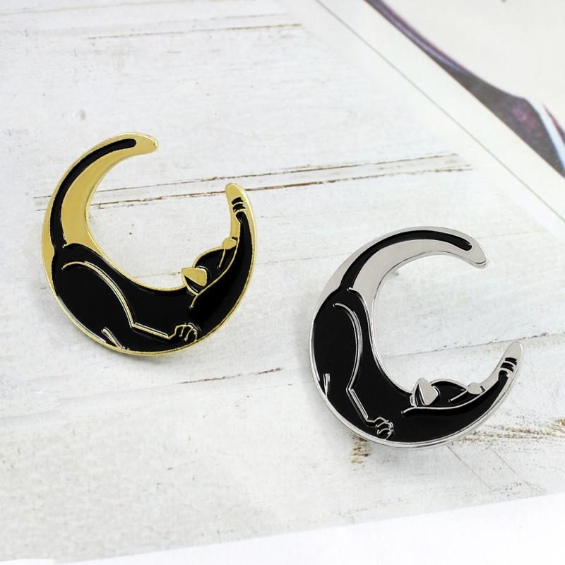 Broche De Lune De Chat Noir