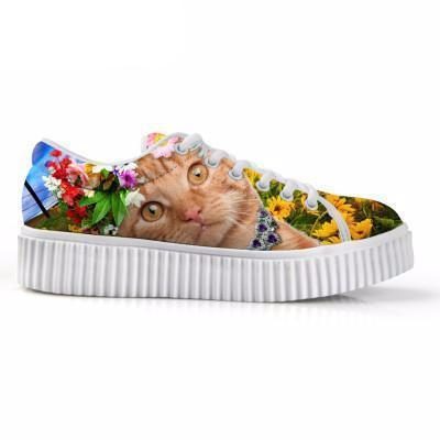 Chat Surpris Décontracté Avec Des Chaussures À Lacets Plates-formes Plates À Imprimé Couronne Florale