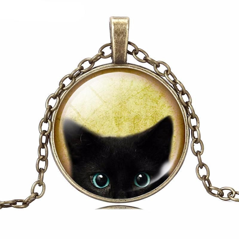 Collier À Pendentif Cabochon En Verre Chat Noir