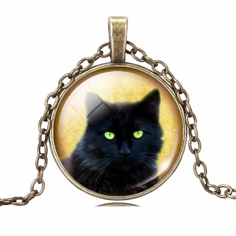 Collier À Pendentif Cabochon En Verre Chat Noir