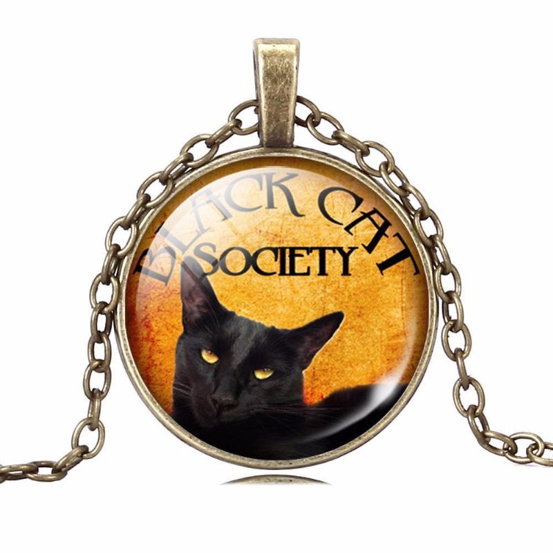 Collier À Pendentif Cabochon En Verre Chat Noir