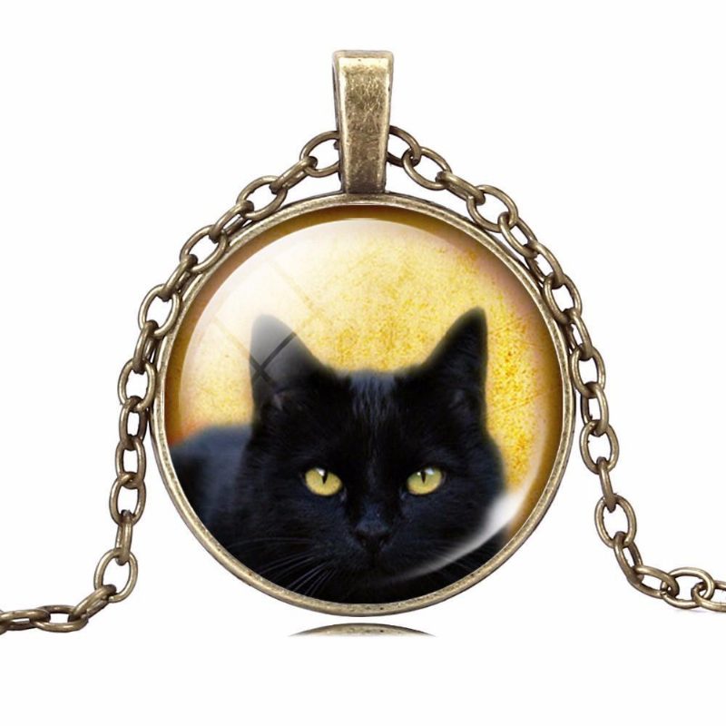 Collier À Pendentif Cabochon En Verre Chat Noir