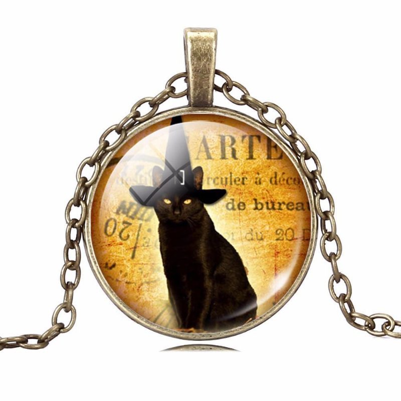 Collier À Pendentif Cabochon En Verre Chat Noir