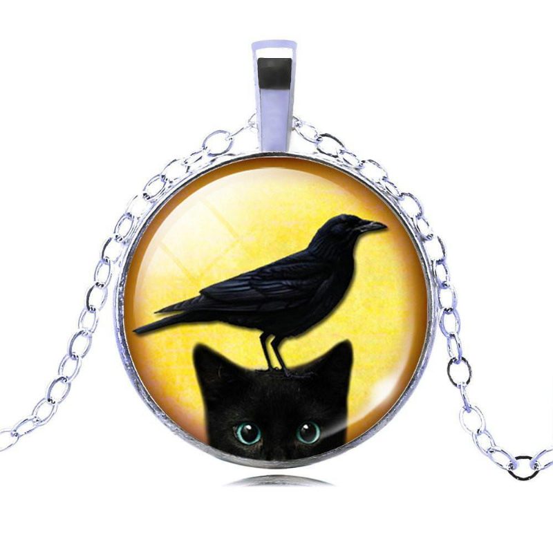 Collier À Pendentif Cabochon En Verre Chat Noir