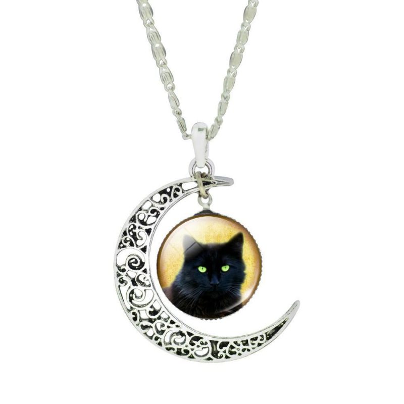 Collier Pendentif Chat Croissant De Lune