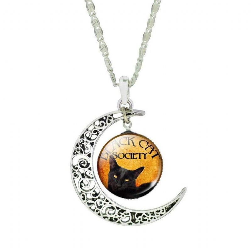 Collier Pendentif Chat Croissant De Lune