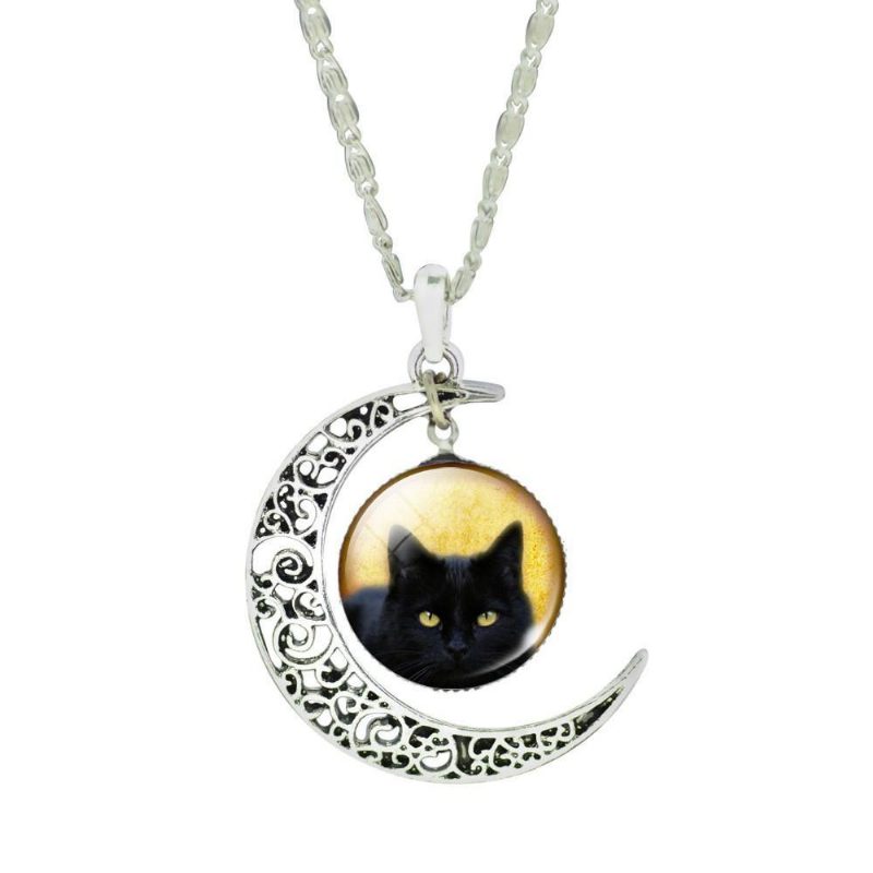 Collier Pendentif Chat Croissant De Lune