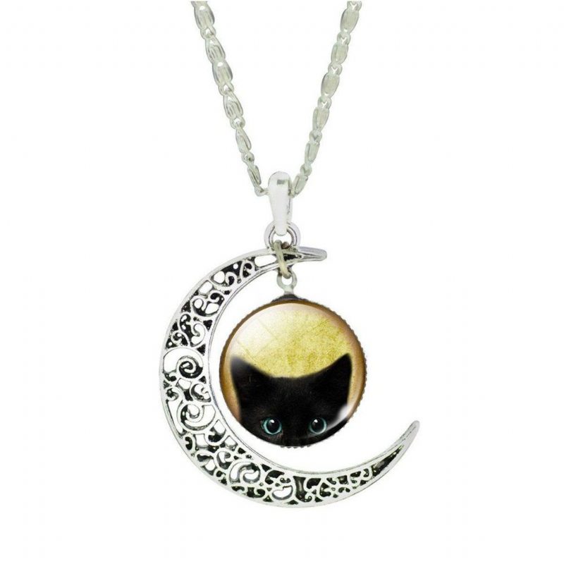 Collier Pendentif Chat Croissant De Lune