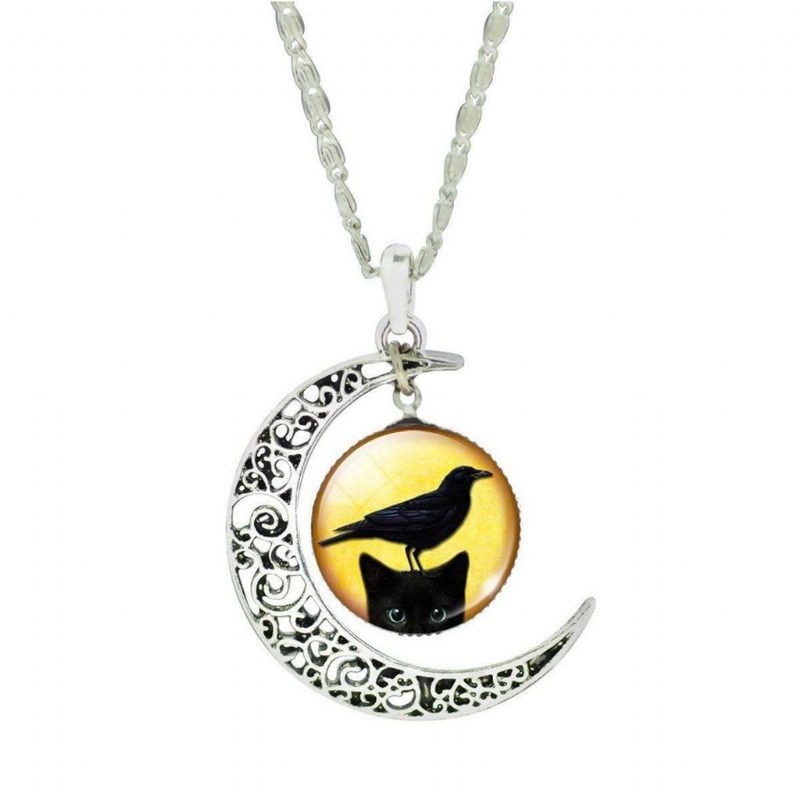 Collier Pendentif Chat Croissant De Lune