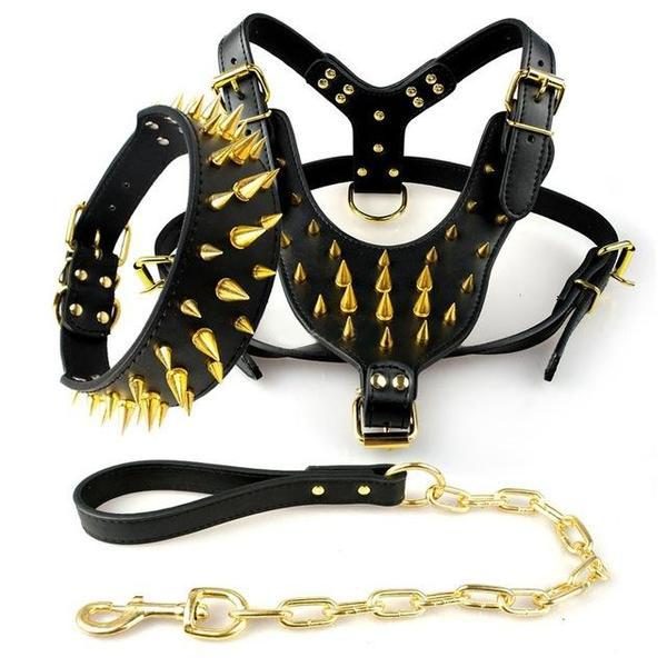 Ensemble Collier Harnais Et Laisse Pour Chien En Cuir Clouté Noir