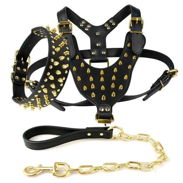 Ensemble Collier Harnais Et Laisse Pour Chien En Cuir Clouté Noir