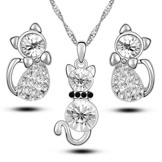 Ensembles De Bijoux Chat Romantique Boucles D'oreilles Collier Avec Cristal Autrichien