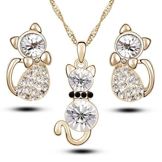 Ensembles De Bijoux Chat Romantique Boucles D'oreilles Collier Avec Cristal Autrichien