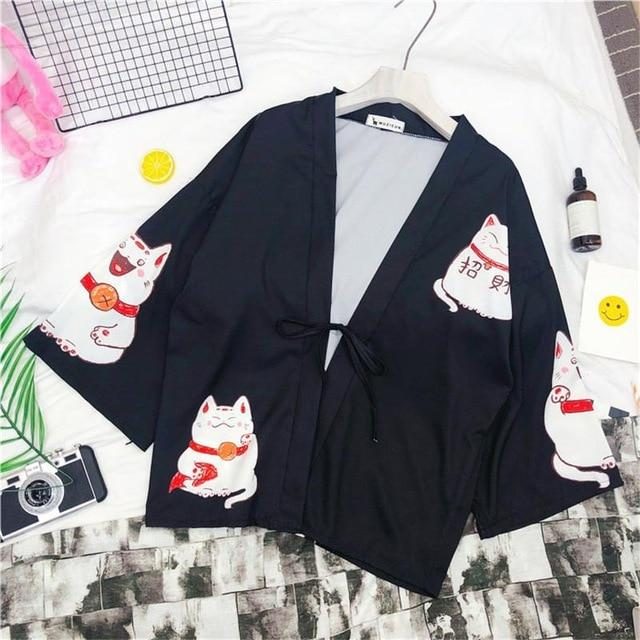 Kimono Japonais À Imprimé Chat