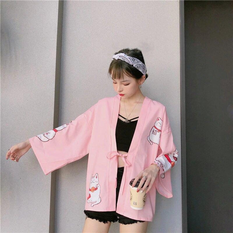 Kimono Japonais À Imprimé Chat