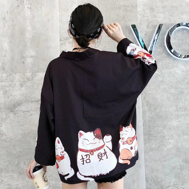 Kimono Japonais À Imprimé Chat