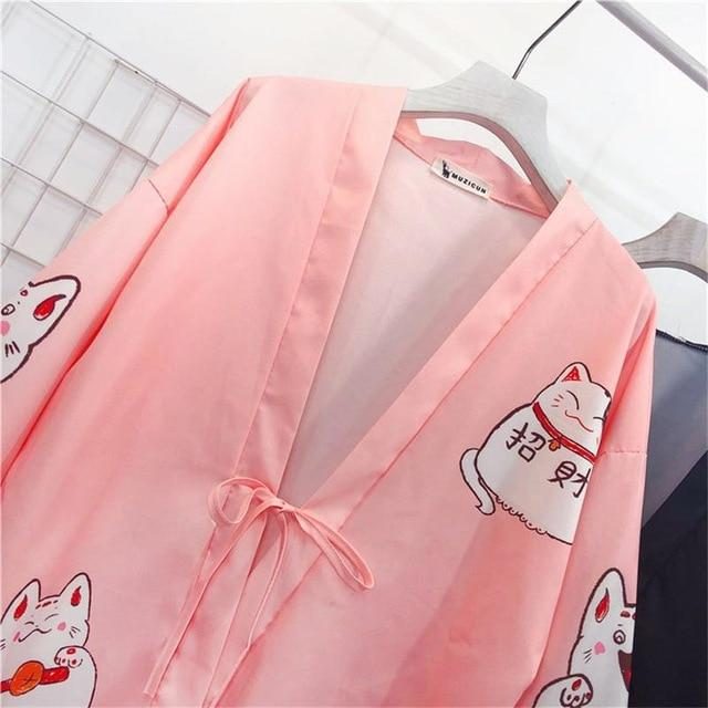 Kimono Japonais À Imprimé Chat