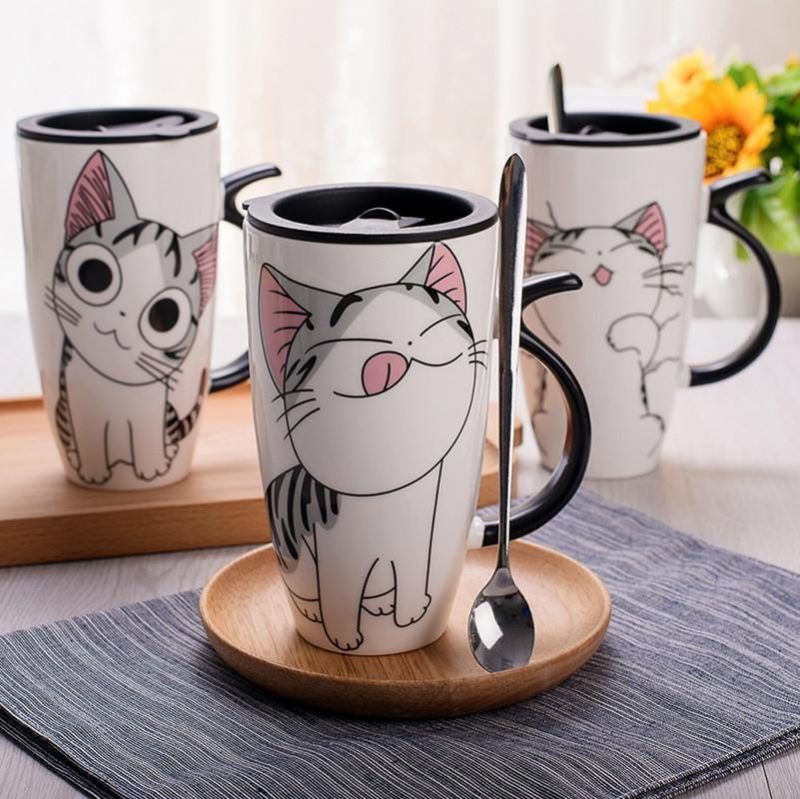 Mignonnes Tasses En Céramique Avec Couvercle Et Cuillère Créative