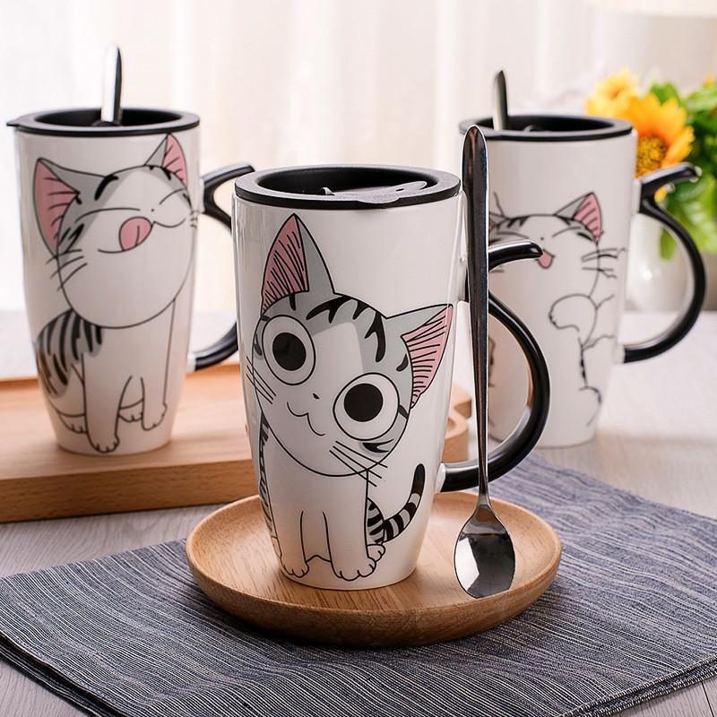 Mignonnes Tasses En Céramique Avec Couvercle Et Cuillère Créative