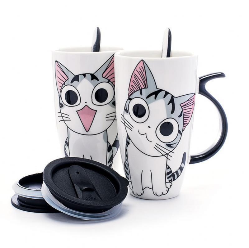 Mignonnes Tasses En Céramique Avec Couvercle Et Cuillère Créative