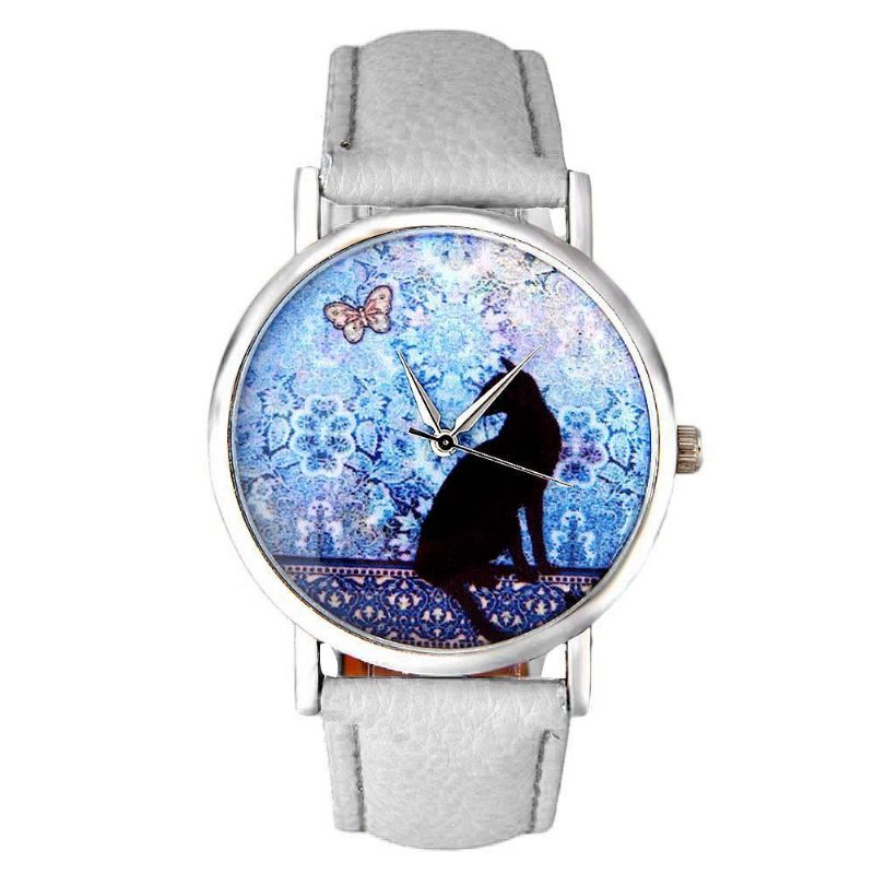 Montre-bracelet En Cuir Avec Motif Chat