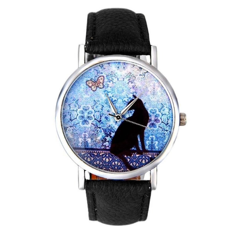 Montre-bracelet En Cuir Avec Motif Chat